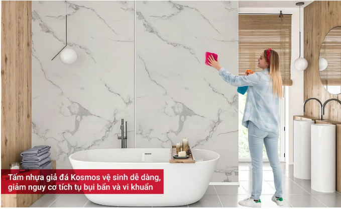 Tấm nhựa giả đá Kosmos vệ sinh dễ dàng, giảm nguy cơ tích tụ bụi bẩn và vi khuẩn Tấm nhựa giả đá Kosmos vệ sinh dễ dàng, giảm nguy cơ tích tụ bụi bẩn và vi khuẩn